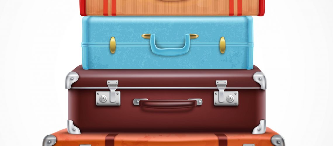 Classic leather retro travel suitcases pile brown blue with straps front view realistic 3d set vector illustration